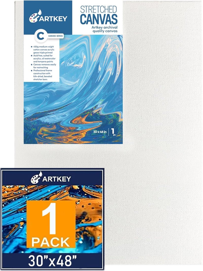 Artkey Gallery Wrapped Stretched Canvases for Painting 30x48 Inch 1-Pack, 16 oz Triple Primed Acid-Free 100% Cotton Blank Canvas, Rectangular Spline Canvas for Oil Paint Acrylics Pouring & Wet Art Media - Image 1